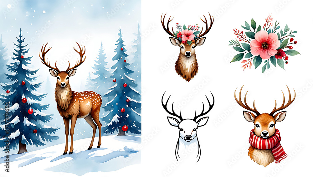 Fototapeta premium Watercolor Deer Christmas Illustration Set with Forest Scene and Floral Decorations Festive Holiday Art for Seasonal Projects