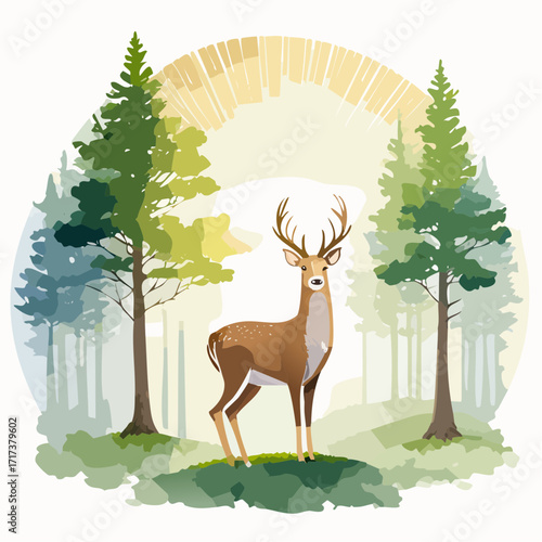 A majestic deer stands proudly in a sun-dappled forest clearing, surrounded by tall pine trees and lush greenery.