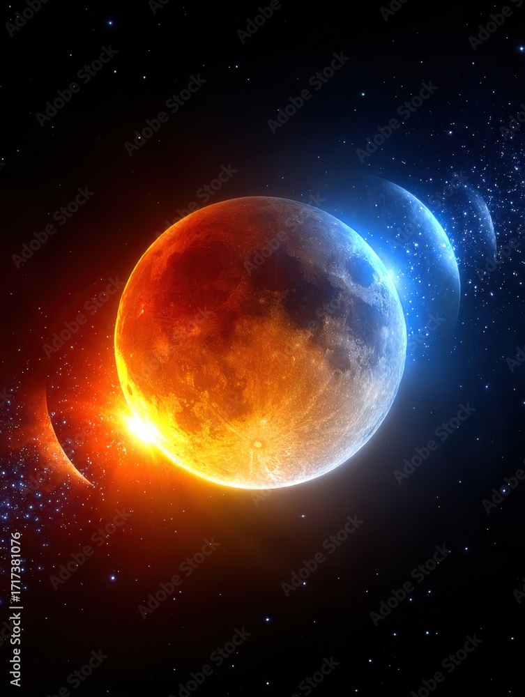 Fototapeta premium Vibrant Orange Moon Illuminating the Night Sky with a Radiant Blue Star in the Background Creating a Magical Celestial Scene of Wonder and Beauty