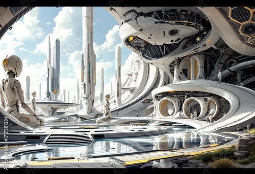 Futuristic Cityscape with Reflective Pools and Humanoid Robots in Serene White Palette