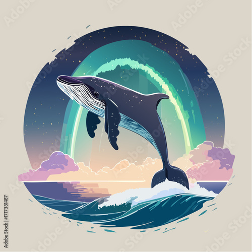 A majestic humpback whale breaches from a wave under a vibrant aurora borealis sky with colorful clouds.