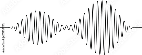 Black podcast sound wave patterns with varying amplitude bars for audio visualization and media interfaces. Digital frequency lines on white bg for music players, recording apps or broadcast design.