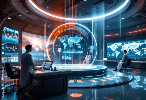 Futuristic Command Center with Holographic World Map and Data Displays