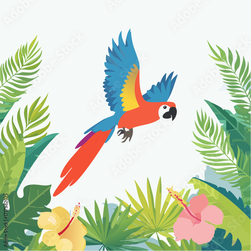 A vibrant red and blue macaw in flight, surrounded by lush tropical foliage and hibiscus flowers.