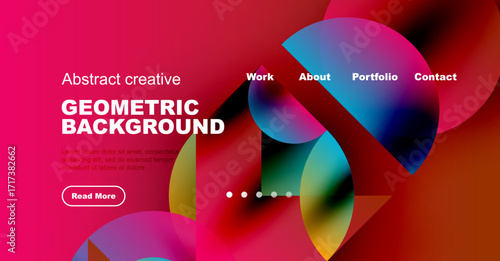 Bright abstract design. Geometric shapes overlap, creating vibrant color gradients. Website header includes navigation options, text, button.