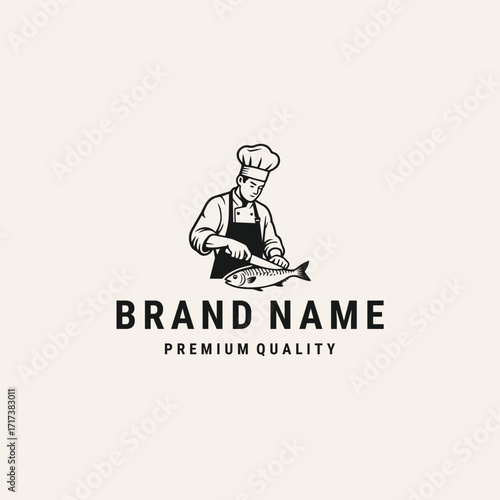 Chef fish logo vector hipster vintage icon illustration