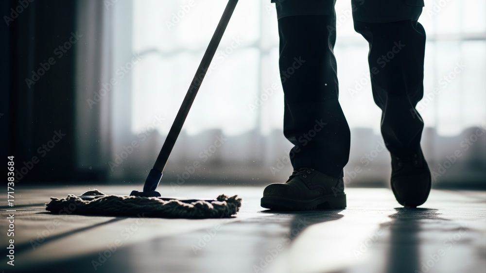 Fototapeta premium Cleaning person mops the floor in a sunlit room, creating a fresh and tidy environment.