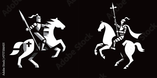 Two knights in armor ride horses, each preparing for a duel in an exciting medieval tournament. The scene highlights their determination and bravery in battle.