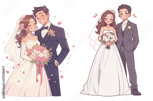 A happy couple poses together on their wedding day, dressed in elegant attire. The bride holds a lovely bouquet while they share joyful expressions.