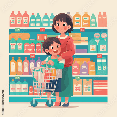 A joyful scene of a mother and her child shopping in a supermarket. The child stands in a cart, while the mother gently holds him, surrounded by various colorful products.