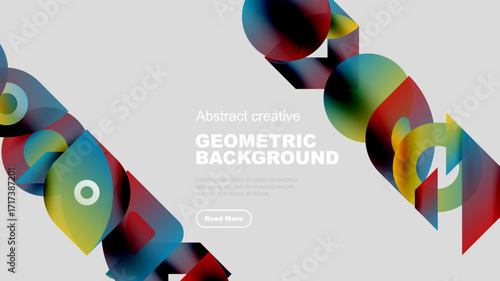 Abstract geometric shapes overlap, creating vibrant colorful background. Text promotes creative design, inviting further exploration.