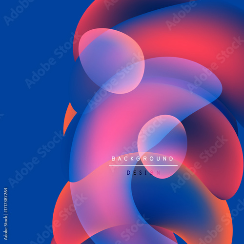 Abstract fluid shapes overlap, creating vibrant color gradients. Blue background contrasts with pinks, oranges, purples. Modern design element.