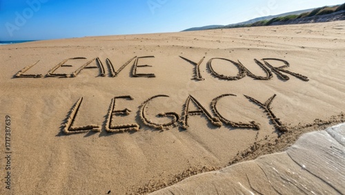 Inspirational message carved in wet sand at a beautiful beach, encouraging individuals to leave their unique legacy behind
