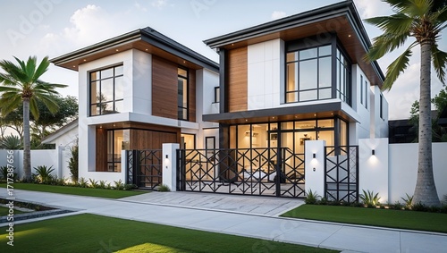 a modern, two-story residential house with a contemporary architectural style. The exterior features a combination of white and wooden paneling, complemented by large glass windows that allow natural 