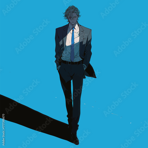 A well-dressed man with curly hair strolls with confidence, casting a long shadow against a vivid blue backdrop. His suit and posture convey elegance and self-assurance.