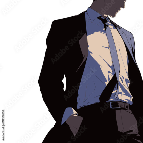 A well-dressed businessman stands confidently, wearing a black suit and light-colored shirt. His pose conveys a sense of professionalism and self-assurance.