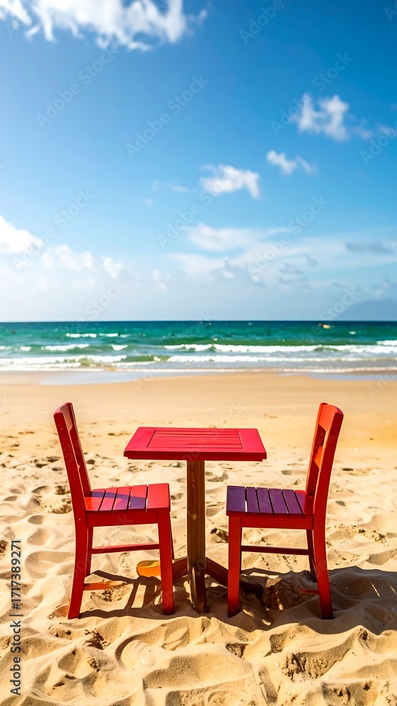 Fototapeta premium Red beachside table and chairs