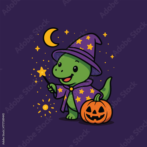 Cartoon baby T-Rex dressed as a wizard with a starry cloak and magic wand, glowing pumpkin sparks