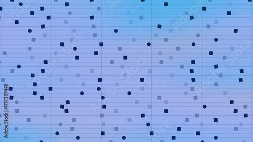 Abstract background with gradient color in seamless loop. Purple, pink and blue with a grid and geometric shapes simulating data transfer. Backdrop for information, technology and streaming of data.