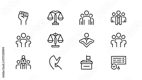 A set of linear icons about politics, elections, and human rights, including voting, justice, and social movements