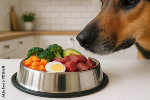 Healthy dog meal preparation featuring fresh vegetables, fruits, and protein in a modern kitchen setting