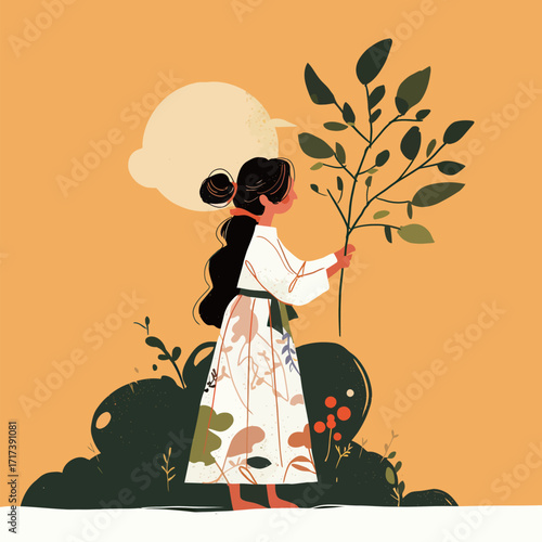 A girl stands in a vibrant scene, gently holding a branch. Her traditional clothing contrasts with the bright background, celebrating natures beauty.
