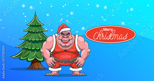 Vector cartoon smiling comical goblin in red Santa hat and costume with belt. Toon green spruce tree. Winter landscape. Merry Christmas. Funny holiday card or poster. Snow and snowflakes
