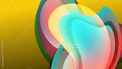 Abstract colorful layers create dynamic visual effect. Yellow background contrasts with translucent shapes, modern design element.