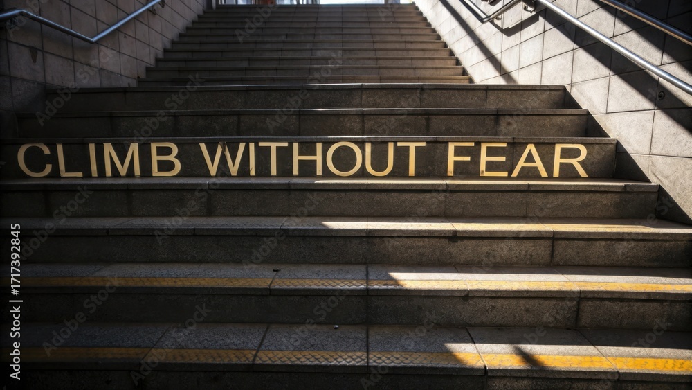 Fototapeta premium Inspiring Message on Staircase Encouraging Individuals to Overcome Fears and Embrace Challenges in Urban Environment