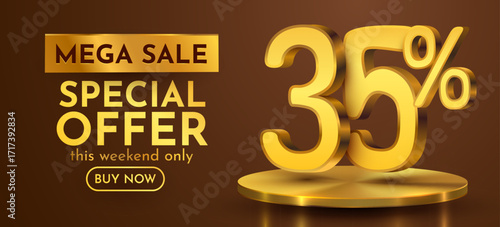 35 percent with podium. thirty five percents sale, discount or bonus concept. Vector illustration