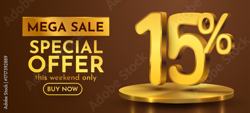 15 percent with podium. fifteen percents sale, discount or bonus concept. Vector illustration