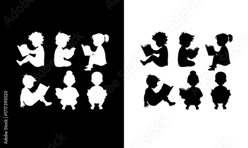 reading kids silhouette vector illustration, reading people silhouette set, reading set, illustration, vector, book, silhouette, black, white, silhouettes, symbol, art, icon, study, sitting people,