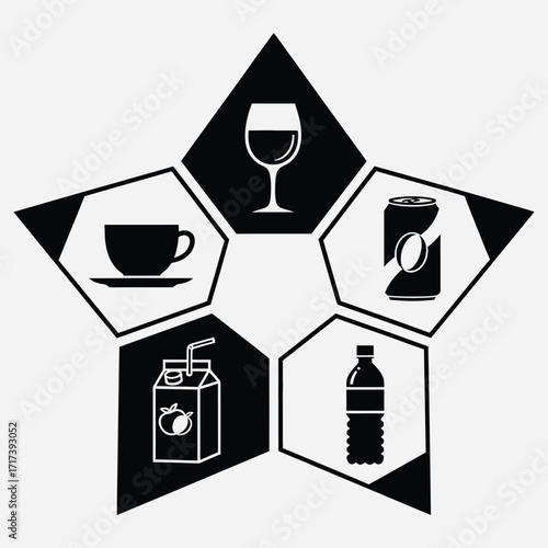 Elegant star graphic showcasing a diverse collection of beverage icons including coffee, wine, soda, juice, and water, ideal for drink-related design projects
