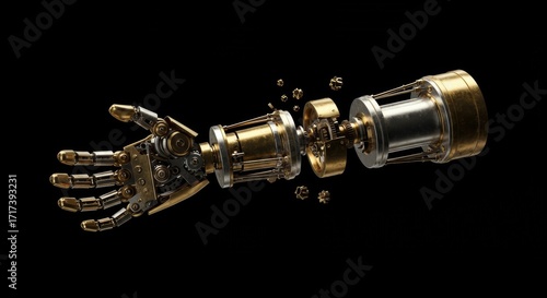 Mechanical Marvel: A steampunk-inspired bionic arm with intricate gears and metallic components is showcased against a dark background, highlighting the intersection of art and technology. 