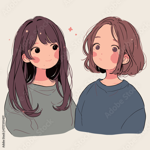 Two young women are facing each other, one with long dark hair and the other with short brown hair.