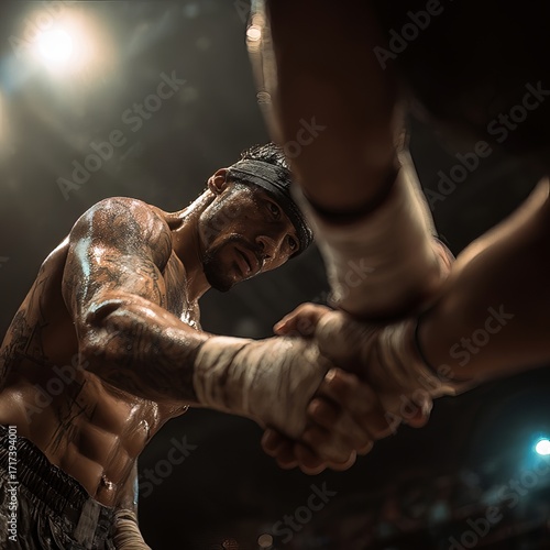 Muay Thai fighter with wrapped hands preparing for an intense strike