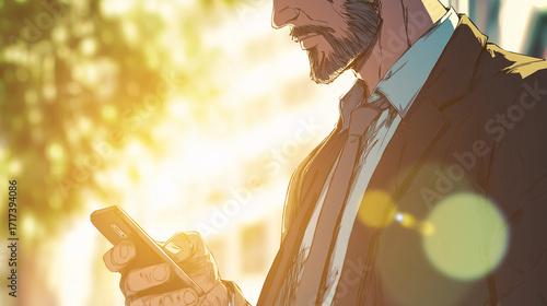 An anime-style businessman uses his mobile phone outside the building of a large technology company.