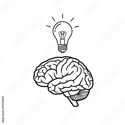 A simple vector line art of a brain with a single light bulb above it.