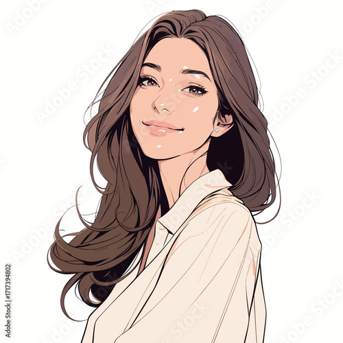 Young woman with long, flowing hair smiles warmly. She wears a simple white blouse, showcasing a cheerful and inviting demeanor against a bright background.
