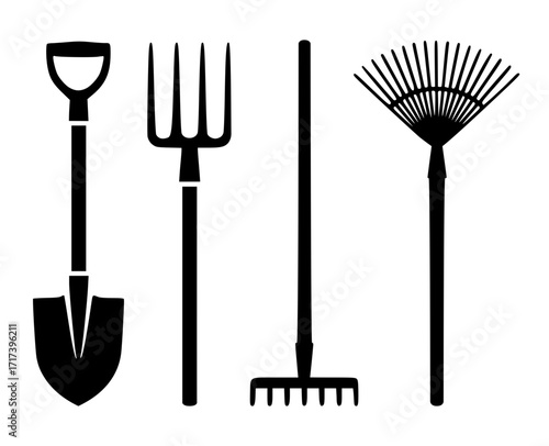 A collection of garden tools including a shovel, fork, and rakes, gardening, tools, farming, agriculture, yard work