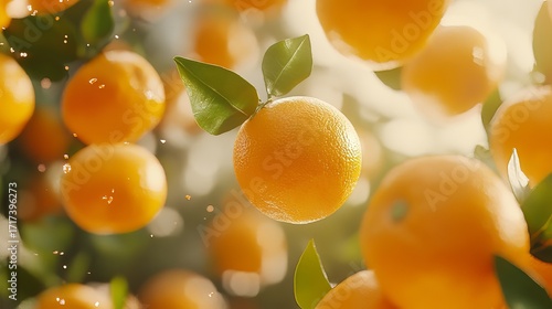 Fresh ripe oranges growing on a tree branch with green leaves
