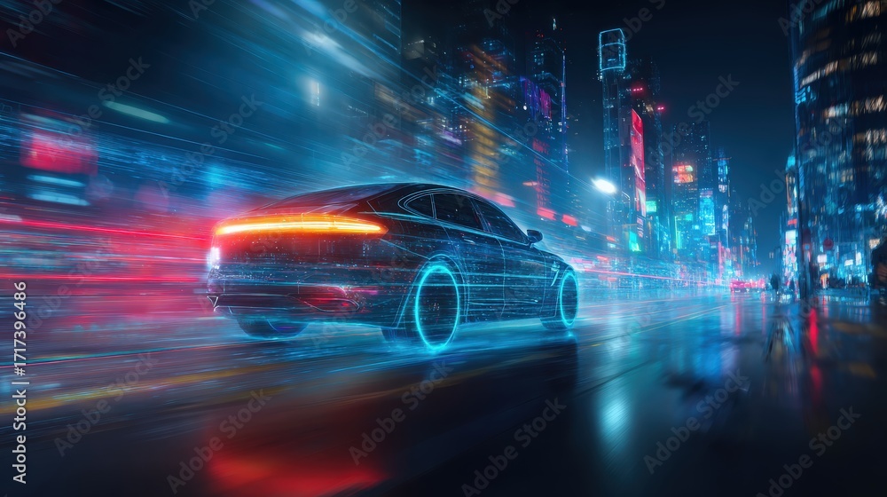 Fototapeta premium A futuristic car speeds through a vibrant cityscape at night, surrounded by colorful neon lights and a sense of motion.