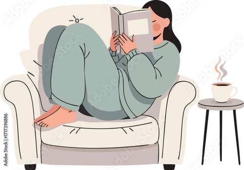 Woman reading a book while relaxing in a comfortable armchair at home with a cup of coffee, enjoying a peaceful and cozy afternoon.