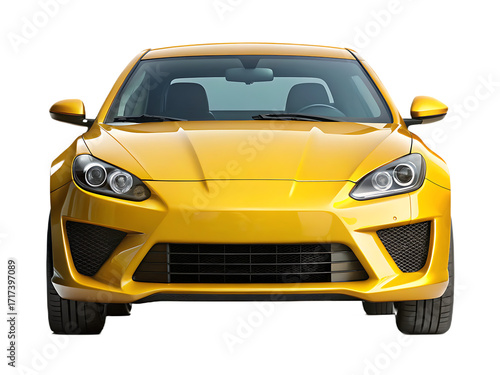 Front view of a bright yellow sports car with background yellow car automobile isolated on a transparent background