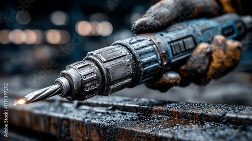 Close up shot of a gloved hand drilling into rusted metal, sparks flying in an industrial setting