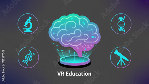 Virtual reality education concept with brain, microscope, dna, and telescope icons for future learning and innovative teaching methods in science