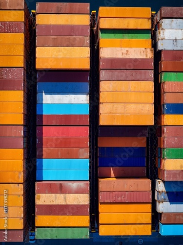 Aerial view of shipping container port terminal. Colourful pattern of containers in harbor. Maritime logistics global inport export trade transportation.
