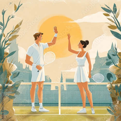 Vector illustration of tennis players high-fiving on court in retro poster style