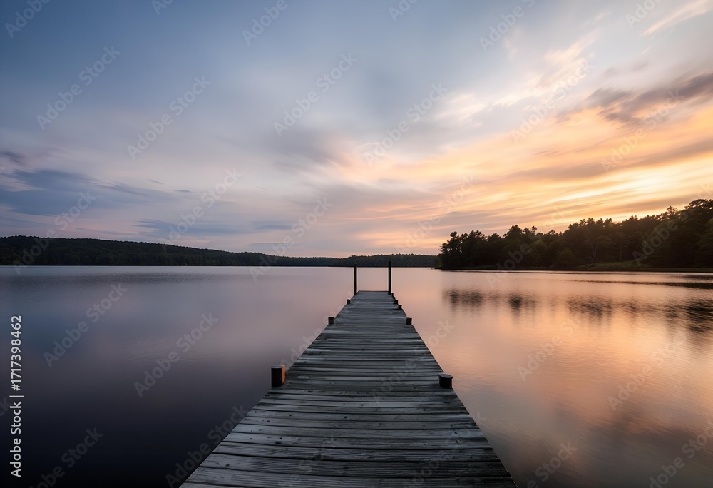 Naklejka premium Serene Lake Sunset: Wooden Dock Leading to Tranquil Waters Under Pastel Sky