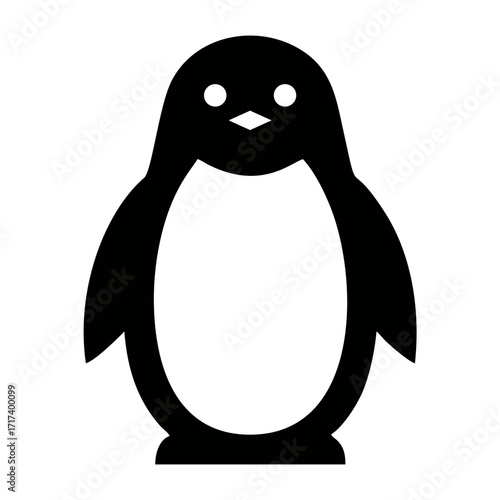 A simple black and white graphic icon of a cute penguin standing upright and facing forward.